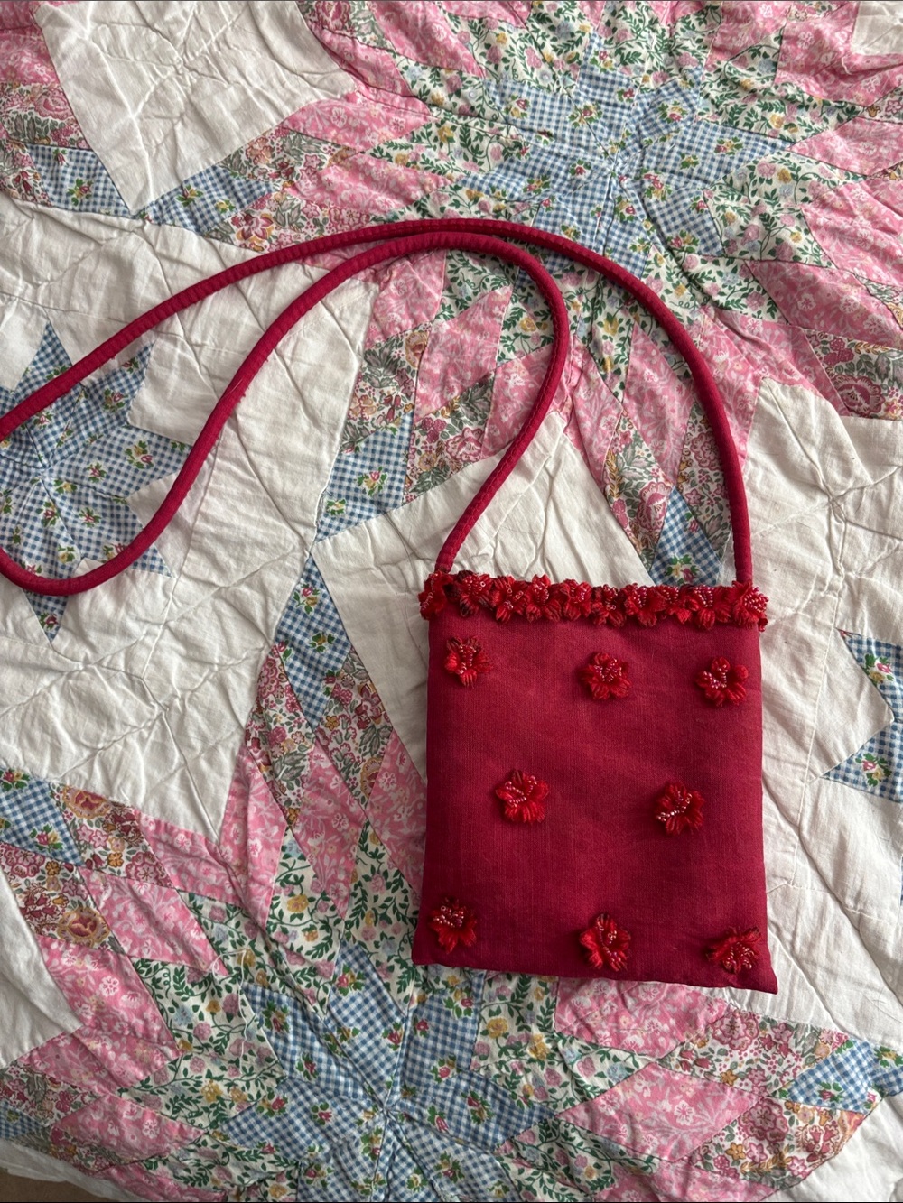 Red Beaded Floral Mini Crossbody Bag